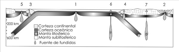 Fig. 10-14. Sección esquemática mostrando la relación entre placas tectónicas y la generación de magmas.