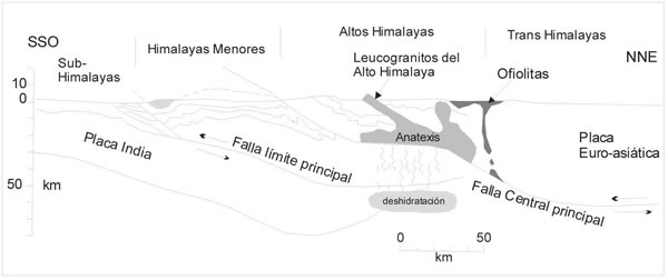 Fig. 11-4. Esquema de formación de granitos en los Himalayas. (Modificado de France - Lanord y Le Fort 1988).