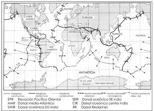 Fig. 12-1. Distribución del sistema de dorsales medio-oceánicas. Las velocidades de distensión y convergencia es proporcional a la longitud de los vectores (modificado de Wilson 1991).