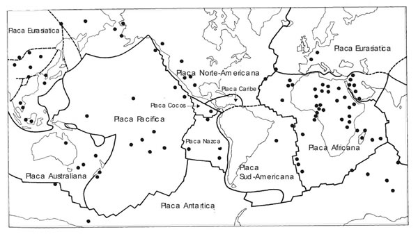 Fig. 13-1. Distribución de puntos calientes en placas oceánicas y continentales. (modificado Wilson 1991).