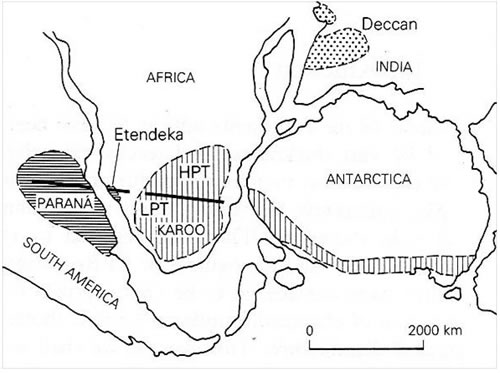 Fig. 14-1. Plateau basálticos continentales Mesozoicos y su relación con el fracturamiento de Gondwana.