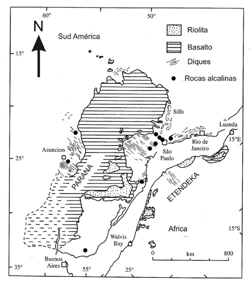 Fig. 14-2. Esquema geológico de la provincia de basalto-riolita de Paraná y Etendeka, a ~138 Ma. (modificado de Peate 1997).
