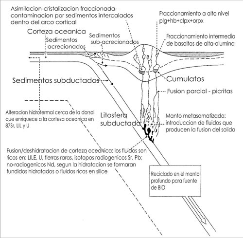 Fig. 15-10. Esquema de los procesos involucrados en la generación de magma en la zona de colisión de placas oceánicas.