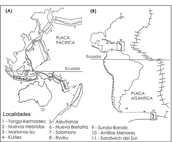 Fig. 15-2. Distribución de arcos de islas oceánicas del mundo (Wilson y Davidson 1984).