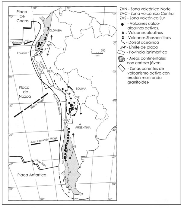 Fig. 16-2. Distribución de los volcanes activos en la Cordillera de los Andes (Harmon et al. 1984; Thorpe et al. 1982, 1984).