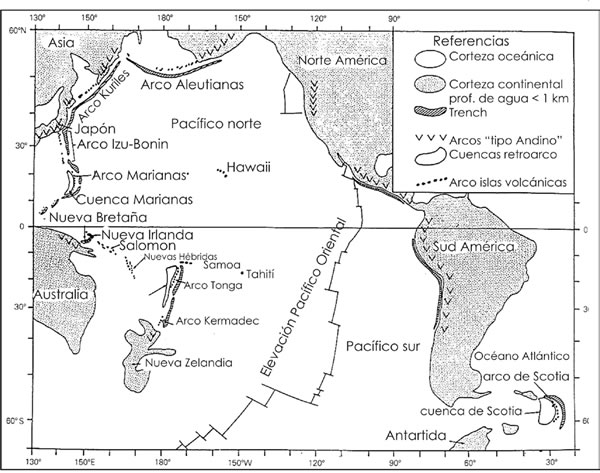 Fig. 17-1. Principales cuencas de retro-arco del Atlántico y Pacífico (modificado de Wilson 1991).
