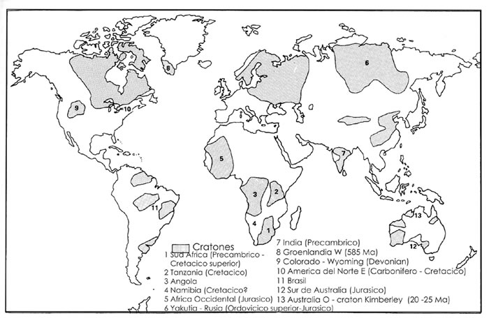 Fig. 18-1. Distribución global de kimberlitas, orangeitas y lamproitas, potásicas y ultra-potásicas, que ocurren en los cratones Arqueanos y Proterozoicos (modificado de Mitchell 1986).