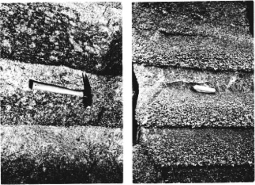 Fig. 20-3. A: Bandeado por concentración de minerales máficos más densos en la base (Duke Island). B: Bandeado por separación de minerales mayor tamaño en la base (Skaergard).