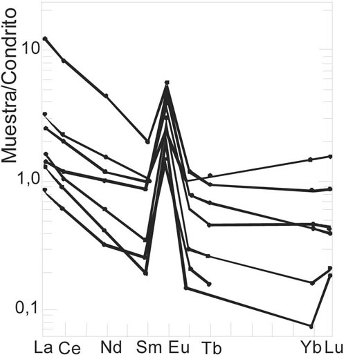 Fig. 21-3. Anortosita normalizada a condrito, muestra la típica anomalía positiva de Eu.