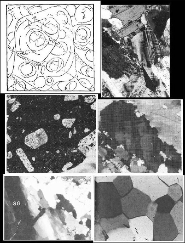 Fig. 3-1. Texturas básicas: A) Vítrea. B) Secuencial. C) Porfídica. D y E) Deformada. F) Cristaloblástica.