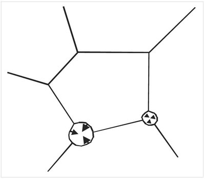 Fig. 3-19. Maduración de Ostwald, en una roca monomineral. Los límites de los granos tienen curvatura negativa (cóncava hacia adentro), que al migrar hacia el centro de curvatura, eliminan los granos pequeños y establecen una granulometría uniforme, con texturas de mosaico poligonal con ángulos de intersección en equilibrio a 120º.