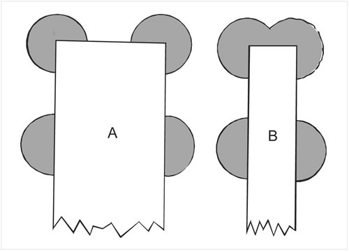 Fig. 3-2. A – El volumen de líquido disponible (gris) disponible en cada vértice es mayor que para las caras. B – El volumen disponible de líquido en el extremo de un cristal es mayor, lo que permite el desarrollo acicular del mismo.