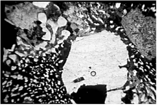 Fig. 3-7. Textura granofírica, en riolitas. (Chaschuil, Sierra de Famatina).