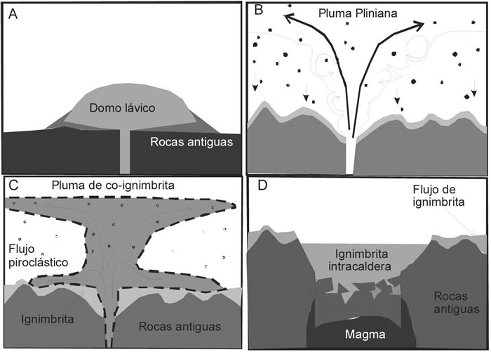 Fig. 4-16. Tipos de erupciones ácidas. A: domo lávico. B: Pluna Pliniana. C: Pluma y flujo piroclástico. D: Colapso de caldera con depósito de ignimbrita. (Modificado de Wilson 2008).
