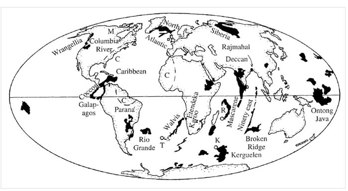 Fig. 4-19. Grandes provincias ígneas, especialmente basálticas (LIPs).