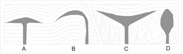 Figura 5-1. Formas de cuerpos plutónicos. A- Lacolito. B- Facolito. C- Lopolito. D- Stock (redibujado de Wimenauer, 1985).