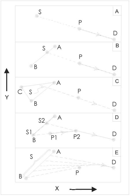 Fig. 8-7. Diagramas X-Y hipotéticos, expresadas en peso%, o moles %. P = parental; D = hijo; S = sólido extraido. A, B, C = fases sólidas posibles extraídas.