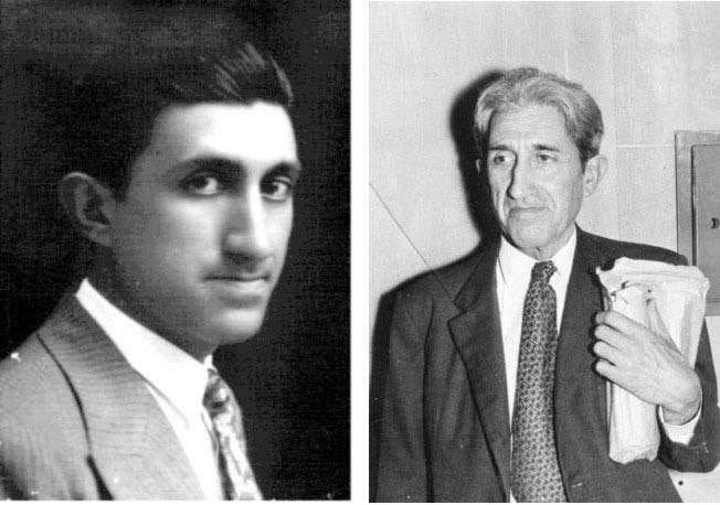 Dos momentos en la vida de Abel Peirano: el Joven farmaceútico recién egresado de la UBA (izquierda) y el hombre maduro que llevaba adelante el estudio y tramitación de Farallón Negro (derecha).