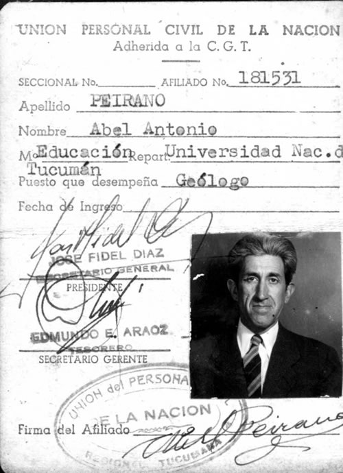 Abel Peirano: Carnet de afiliado a la Unión del Personal Civil de la Nación.