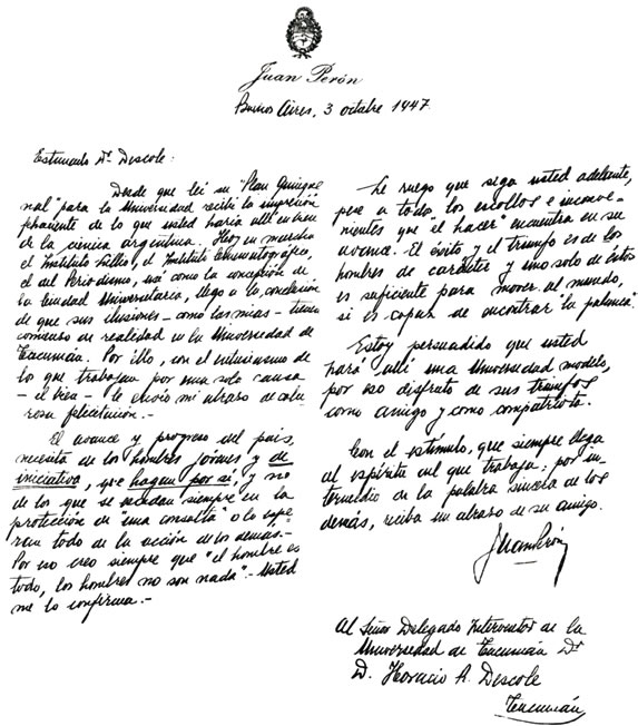Carta del General Juan Domingo Perón al Rector Horacio R. Descole encomiando la actividad que desarrolla en la Universidad Nacional de Tucumán en el marco del Primer Plan Quinquenal.