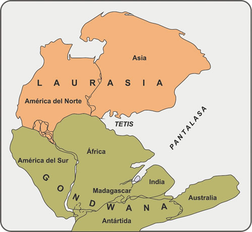 Figura 2.9. La Pangea, supercontinente construido a fines del Paleozoico.