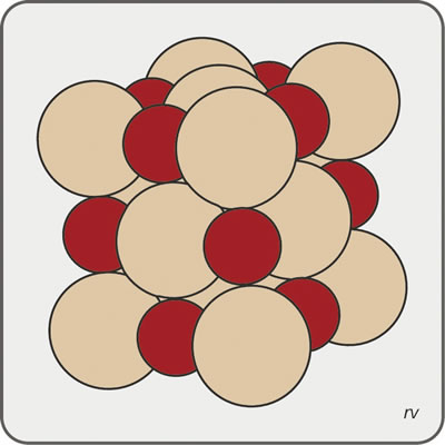 Figura 3.1. Ordenamiento de átomos de cloro (esferas grandes, castaño claro) y de sodio (esferas pequeñas, castaño rojizo), determinando la forma de un cubo.