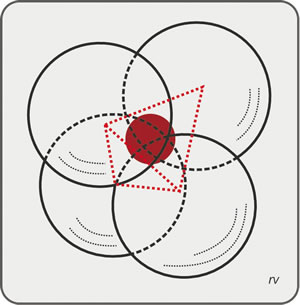 Figura 3.4. Tetraedro SiO4. El átomo de Silicio representado por la pequeña esfera castaño rojizo, ocupa el centro de la figura. Los átomos de Oxígeno (translúcidos) se acomodan a su alrededor, en los vértices del imaginario tetraedro.