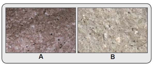 Figura 4.10. Secciones pulidas de rocas volcánicas con más de 20% de cuarzo. A) riolita; B) dacita.