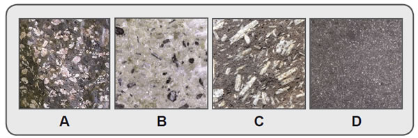 Figura 4.11. Secciones pulidas de rocas volcánicas con menos de 20% de cuarzo. A) traquita; B) lacita; C) andesita; D) basalto.