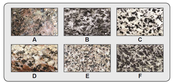 Figura 4.8. Secciones pulidas de rocas plutónicas comunes. A: granito; B: granodiorita; C: tonalita; D: sienita; E: monzonita; F: gabro.