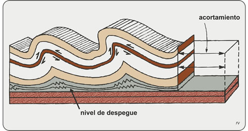 Figura 5.21. Despegue de un paquete de sedimentitas plegadas, respecto a un sustrato no deformado. Modificado de Burchfiel et al., 1982.