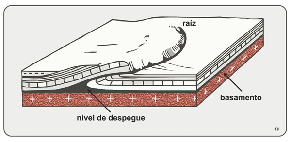 Figura 5.27. Falla inversa o cabalgamiento, sin desarraigo de la lámina superior. Modificado de Aubouin et al., 1980.