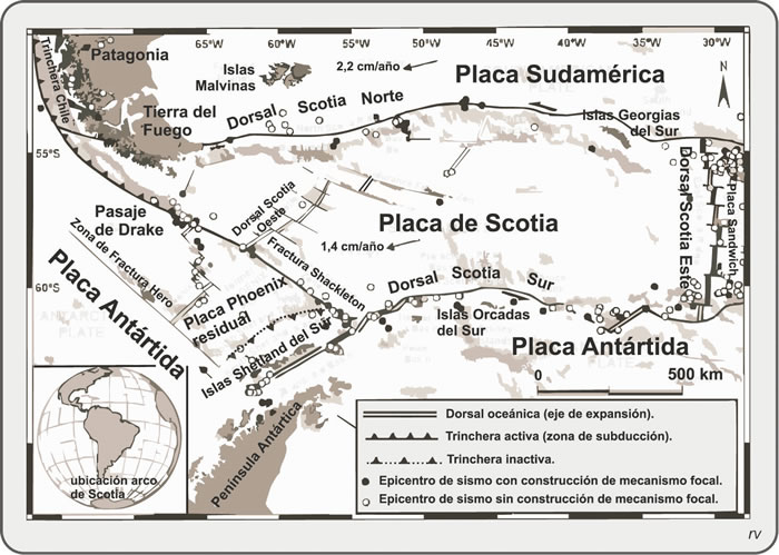 Figura 5.33. Bosquejo geodinámico del arco de Scotia. Modificado de Giner-Robles et al., 2003.