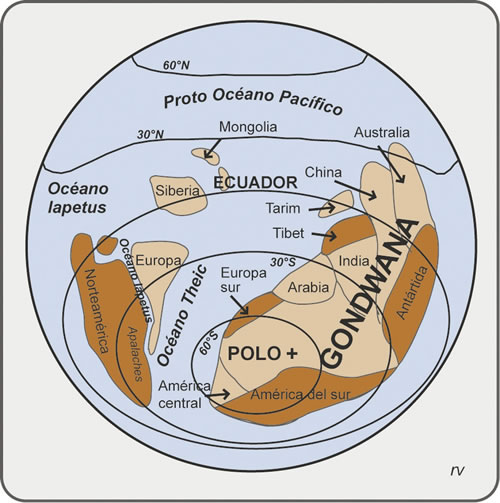 Figura 7.3. Paleogeografía del Paleozoico Temprano. Modificado de Burchfiel et al., 1982.