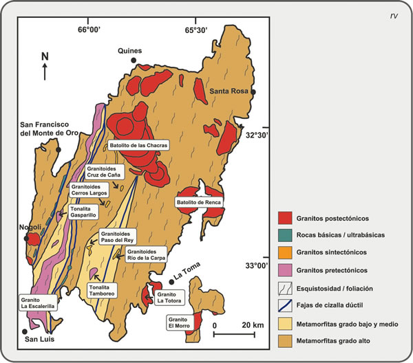 Figura 8.1. Mapa geológico de la sierra de San Luis, simplificado de Sato et al. (2003).