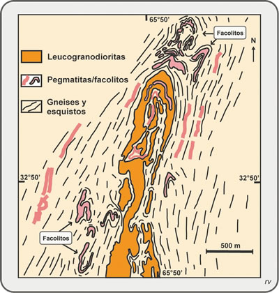 Figura 8.2. Mitad septentrional del Plutón sinorogénico Cerros Largos, sierra de San Luis. Nótese como el plutón, las pegmatitas y facolitos se adaptan a la esquistosidad regional. Simplificado, tomado de Llambías, 2008.
