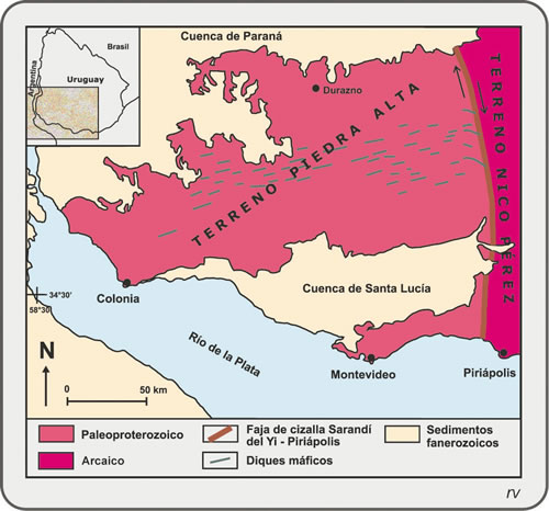 Figura 8.3. Enjambre de diques máficos (microgabros) en Uruguay. Simplificado, modificado de Oyhantçabal (2010).