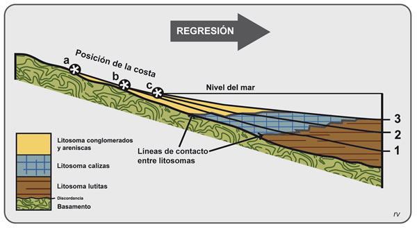 Figura 8.9 Sucesión regresiva. La línea de costa se retira hacia el interior marino. Un corte vertical es de granometría granocreciente. Modificado de Camargo Mendes, 1984.