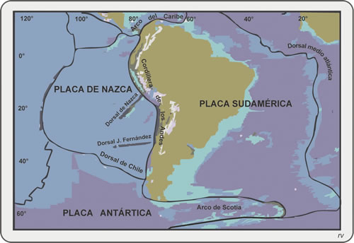 Figura 9.1. Placa Sudamérica y relación con las placas vecinas. La altimetría está esbozada por la tonalidad y en la Placa Sudamérica se destacan la altura de los Andes, la monotonía del área continental de Plataforma, el desarrollo de una importante Plataforma Marina, la profundidad abisal oceánica y la elevación del Rift medio-oceánico.