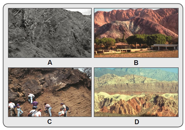 Figura 9.10. Principales unidades de Cordillera Oriental. A) Basamento; metasedimentos en finos estratos fuertemente plegados. B) Sedimentitas cámbricas varicolores en Purmamarca, quebrada de Humahuaca, Jujuy. C) Detalle en el cerro San Bernardo, Salta, de la alternancia de paquetes de pelitas y areniscas que caracterizan al Ordovícico. D) Sedimentitas continentales del Cretácico-Paleógeno en la quebrada de las Conchas, Salta; al fondo, Sur, rocas ígneo-metamórficas de las Sierras Pampeanas.