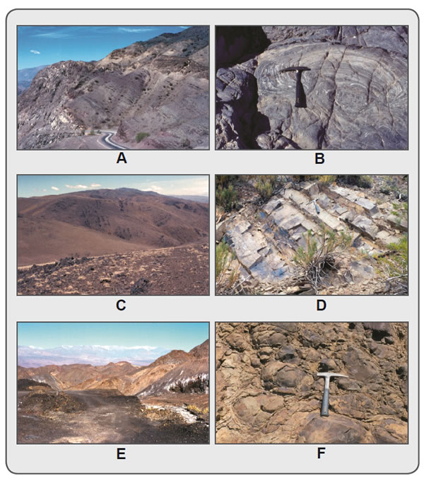 Figura 9.13. Fotografías de Precordillera. A) Calizas, abajo en tonalidad gris, sobrepuestas por areniscas y lutitas silúrico-devónicas. B) Estructura algal (estromatolito) en calizas cámbricas. C) Sucesión alternante de grauvacas y pelitas del Ordovícico Superior. D) Detalle de la sucesión grauvaca-lutita. E) Vista de las lutitas negras y areniscas amarillentas de Precordillera Occidental. F) Basaltos contenidos en las sedimentitas de Precordillera Occidental.