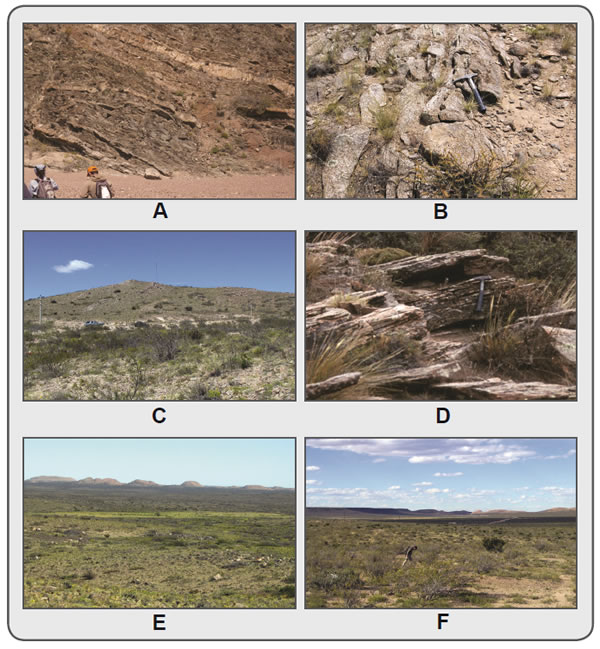 Figura 9.16. Fotografías de afloramientos del Macizo Norpatagónico. A) Rocas metamórficas cámbricas de bajo grado (pizarras y filitas) del Basamento de la región oriental. B) Rocas metamórficas del Neoproterozoico?-Cámbrico de alto grado (ortogneises) del Basamento de la región oriental. C) Zona Mina de Hierro Sierra Grande; a derecha granitos postectónicos ordovícicos; a izquierda sedimentitas silúricas con niveles ferríferos. D) Ortogneises fuertemente foliados, del Carbonífero-Pérmico del Basamento de la región Centro-Occidental. E) Afloramientos al sur de Sierra Grande; en primer plano Basamento de la región oriental; al fondo, en tonos rosados, cobertura volcánica riolítica jurásica. F) Afloramientos en Pailemán; en primer plano rocas del Basamento de la región oriental; al fondo a derecha volcanitas riolíticas jurásicas y a izquierda basaltos terciarios de la Meseta de Somoncura.