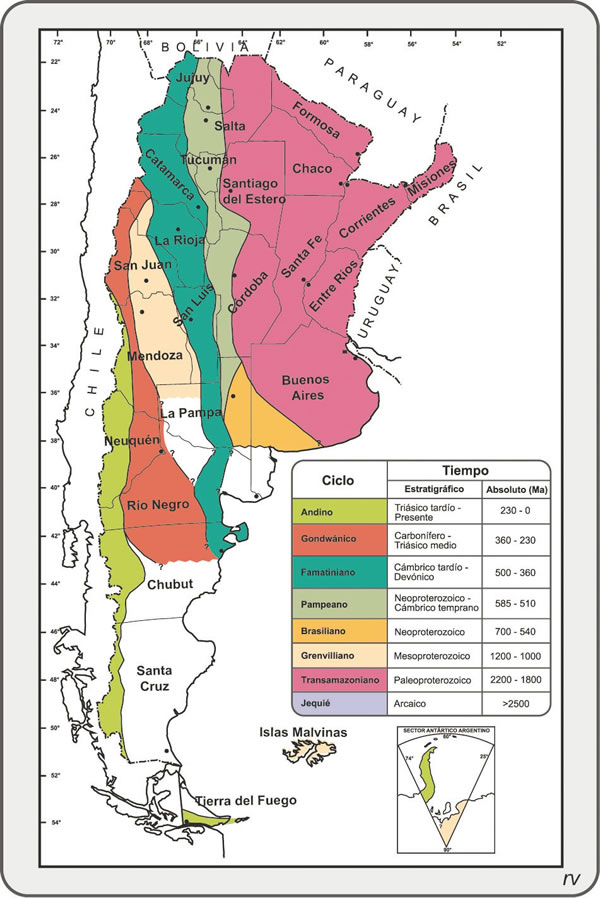 Figura 9.3. Mapa de Ciclos Orogénicos. En la representación se ha eliminado la cubierta sedimentaria meso-cenozoica de la Llanura Oriental. En la Patagonia extra-andina (Chubut, Santa Cruz y Tierra del Fuego), la cubierta volcano-sedimentaria meso-cenozoica (en blanco) oculta las rocas de ciclos anteriores.