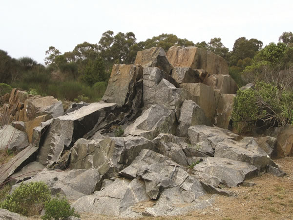 Figura 9.6. Gneis aflorante en cerro El Triunfo, Balcarce. La actitud de los planos de foliación (metamorfismo) se aprecia en el detalle del ángulo superior izquierdo. Los planos más destacados en la imagen general (aproximadamente perpendiculares a la foliación), son diaclasas de una tectónica frágil posterior al metamorfismo.