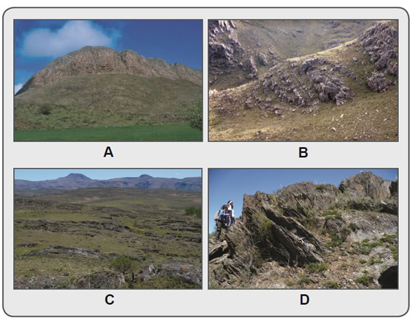 Figura 9.8. A) Relación de discordancia angular en el cerro Pan de Azúcar, entre unidades del Basamento (abajo) y conglomerados de inicio de la cobertura sedimentaria (arriba); el contacto está marcado por el cambio de tonalidad y el quiebre de pendiente. B) cuarcitas gris-blanquecinas de los cordones occidentales, con pliegues asimétricos-volcados. C) Vista al SO, mostrando al fondo la línea de altos cordones occidentales y el cerro Tres Picos y en primer plano y a menor altura las areniscas feldespáticas del faldeo oriental de sierra. D) Vista al SSE de las areniscas feldespáticas, afectadas por fuerte esquistosidad, inclinada al SO.