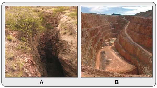 Figura 10.4. Ejemplo de explotaciones mineras. A: Labor en Mina Gonzalito, Río Negro. Son gneises y esquistos cámbricos, de los que se ha extraído el nivel mineralizado; piques de ingreso y galerías subterráneas dan continuidad en subsuelo. B: Cerro Vanguardia, Santa Cruz, labor a cielo abierto en rocas volcánicas jurásicas.