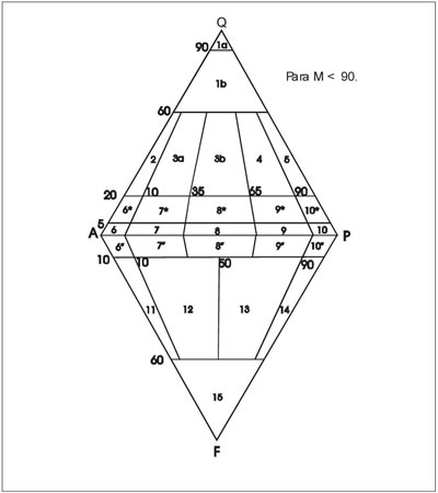 Fig. 2-1. Doble triángulo QAPF, correspondiente a las rocas plutónicas, para M<90.